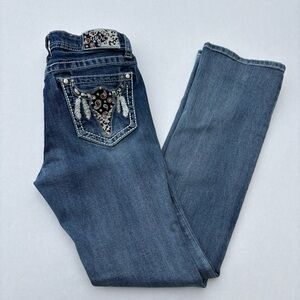 Grace in LA Jeans mid-rise bootcut with steer head | feather embroidery Blue 29